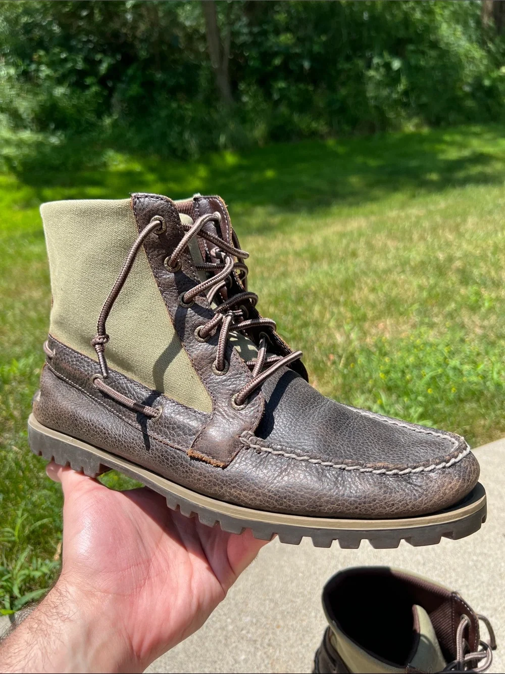 Sperry Top-Sider Brown Leather Green Canvas Boat Boots Hunting Boots Men’s 11.5M
